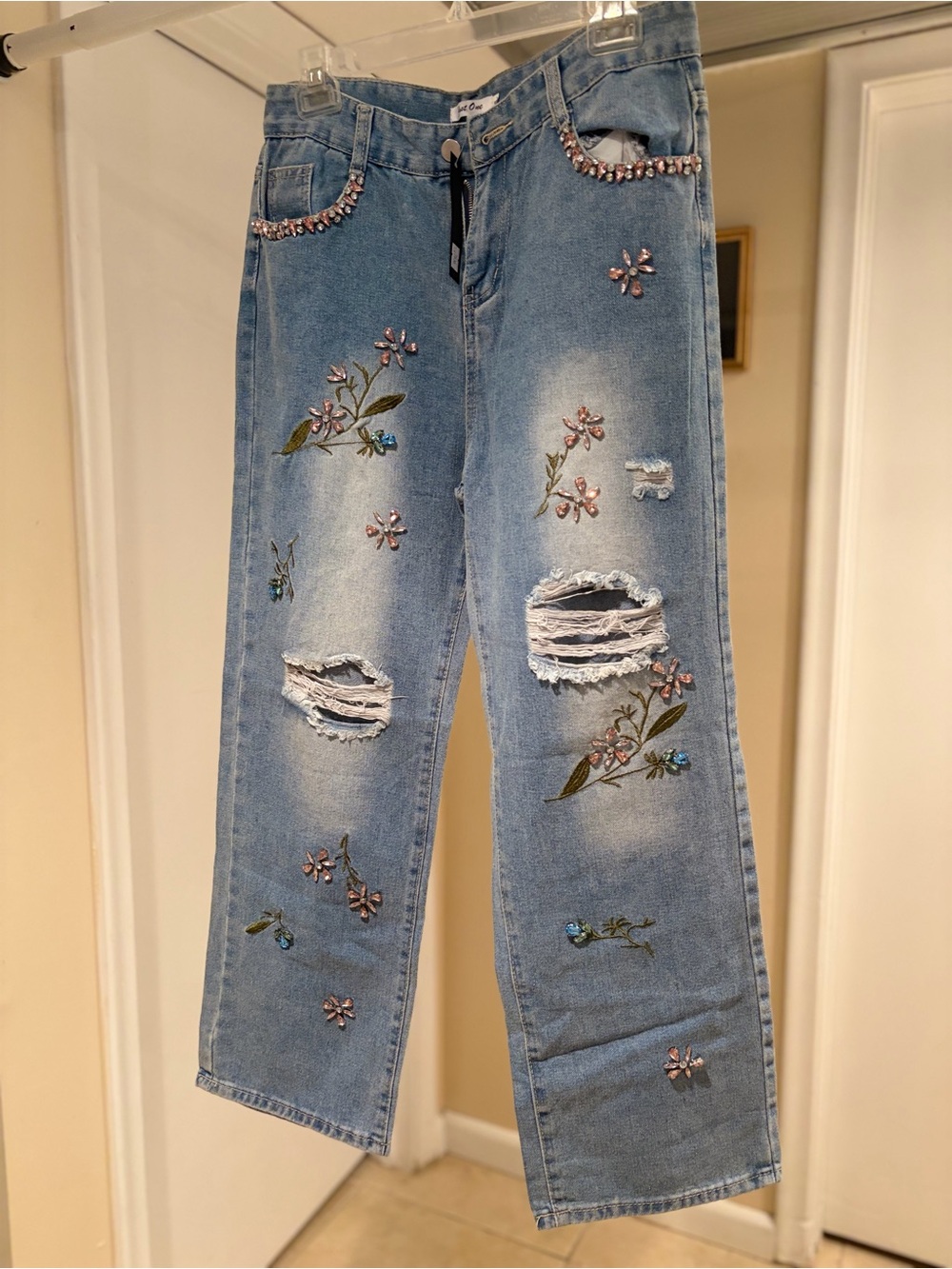 Light Blue Embroidered Distressed Boyfriend Jeans